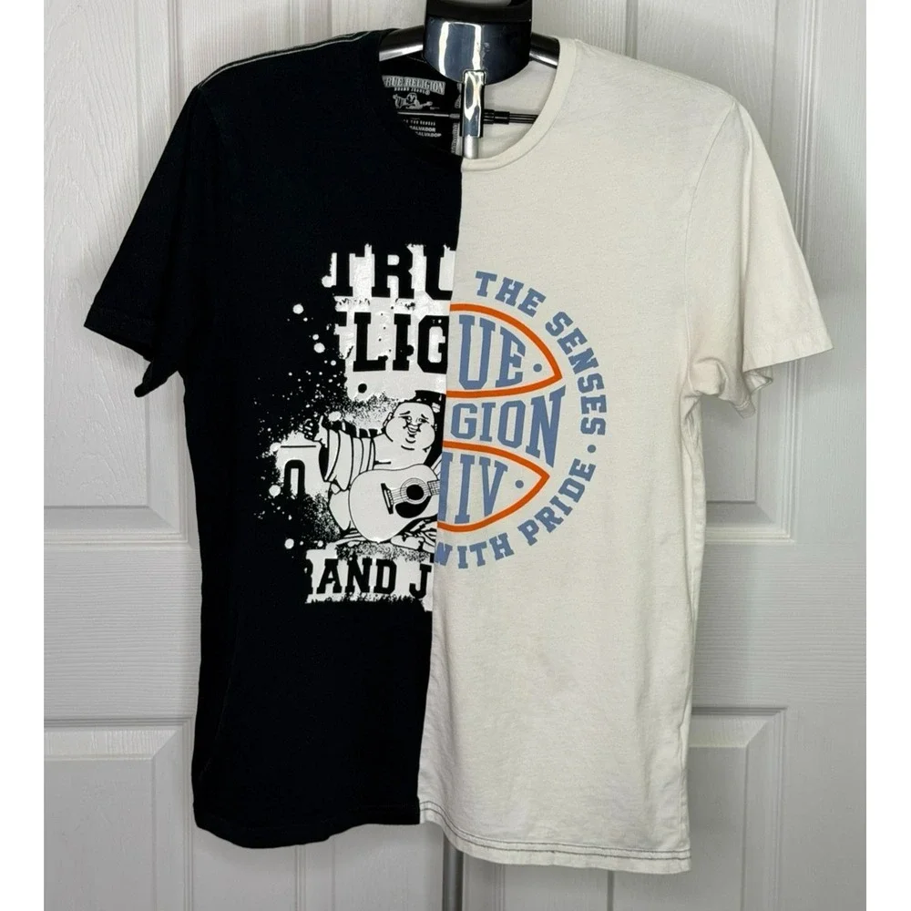 True Religion Buddha Split Colorblock Graphic T-Shirt Black White Men's M